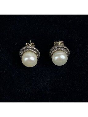 Vtg CFJ Sterling Silver 12mm Cable Pearl Stud Post Earrings Rope Designer Luxury